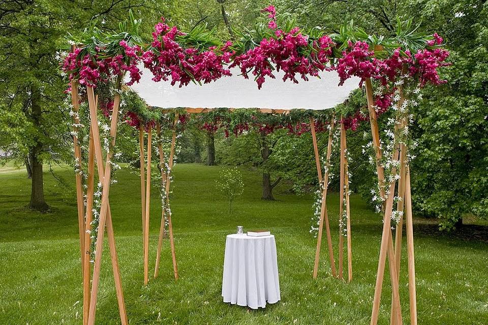 Chuppah on white birch poles near a pond at Tower Hill Botanical Garden, Boylston.