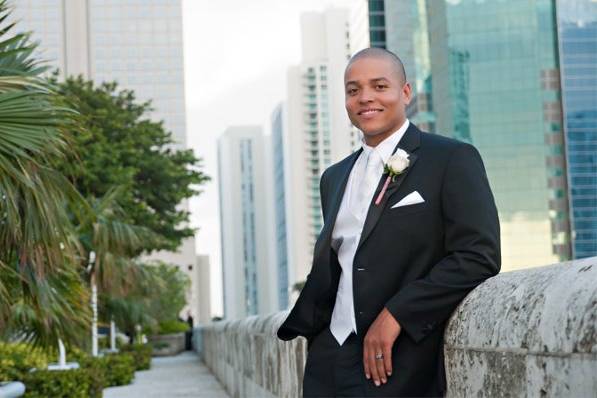 Portrait of the Groom taken at the Miami Tower Sky Terrace and Sky Lobby