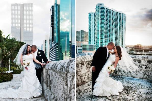 Portraits of the Bride & Groom on top of the Sky Terrace / Sky Lobby in the Miami Tower.