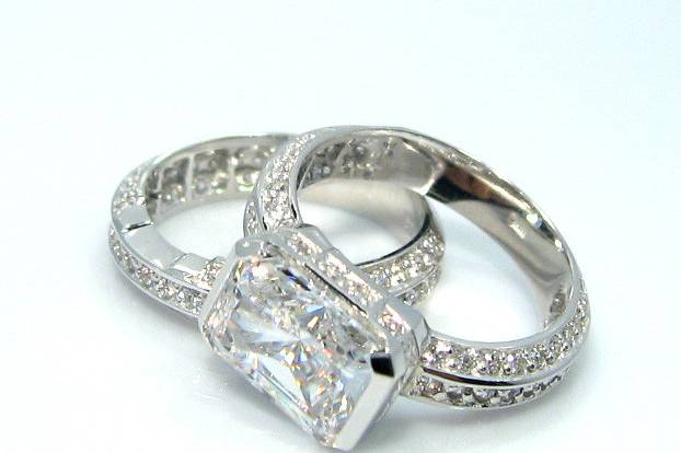 5A Quality CZ Engagement Ring with Matching Wedding Band, set in 9-18 karat gold!