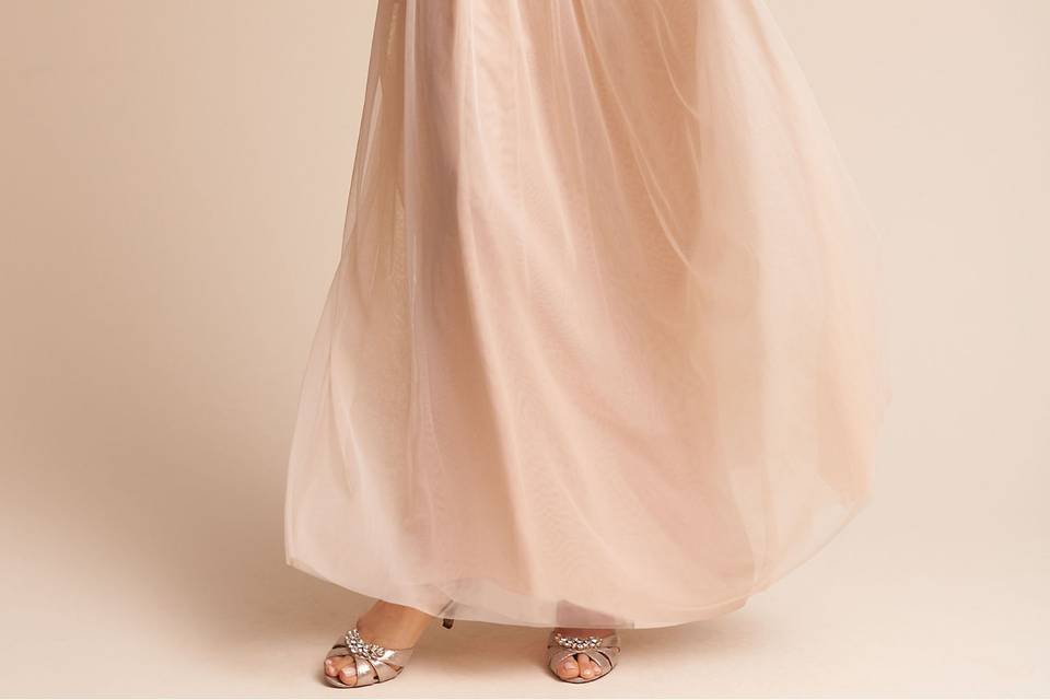 Watters	BHLDN Kane Dress	<br>	This romantic, floor-length wrap dress features chiffon ruffles down the front and a sweetheart neckline with gathered detailing.