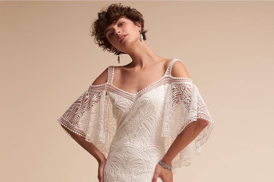 Tadashi Shoji	BHLDN Kenna Gown	<br>	The open back alone will turn heads on this off-the-shoulder column gown