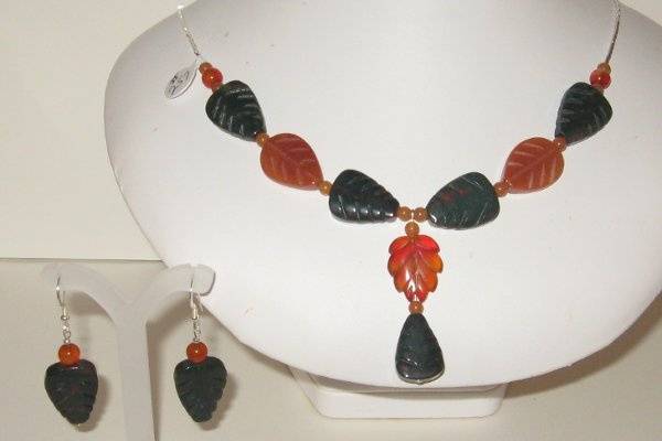 Perfect for that small fall wedding.  Bloodstone and carnelian in two shades of carved leaves, and rounds. Sterling silver tubes, clasps and earrings.  This would be a perfect necklace for after the wedding also.  This is a one only.  THIS ONE HAS BEEN SPOKEN FOR.