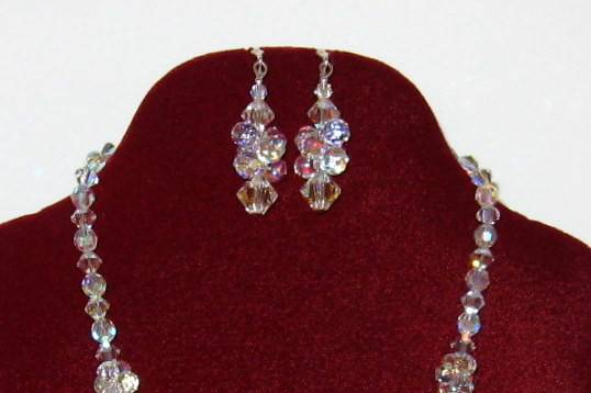 Swarovski crystal clusters. This necklace has many shapes and sizes of Swarovski crystal that I can find, and others may not. I have one of the largest variations of crystal, that even most stores do not carry. This is for the lady who loves bling, and will be worn by one of our brides soon.