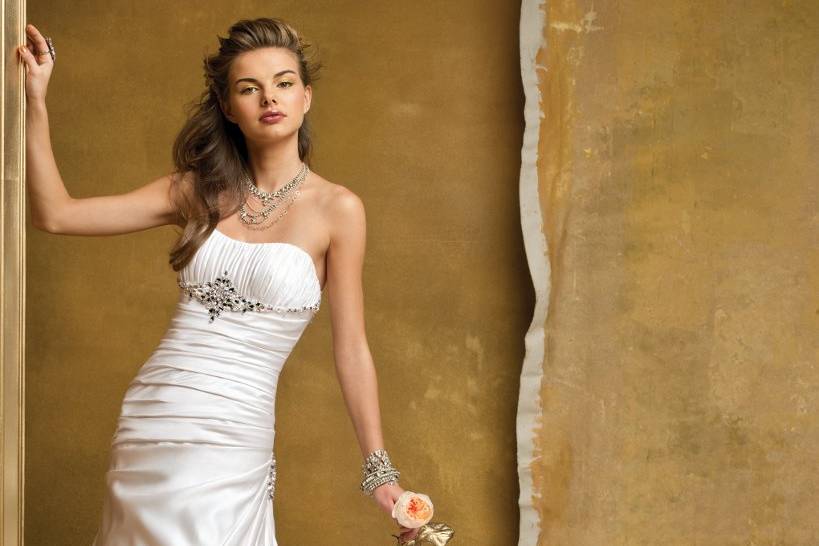 4096WStrapless shirred satin wedding dress with jewels adorning the empire waist, back, and sides.