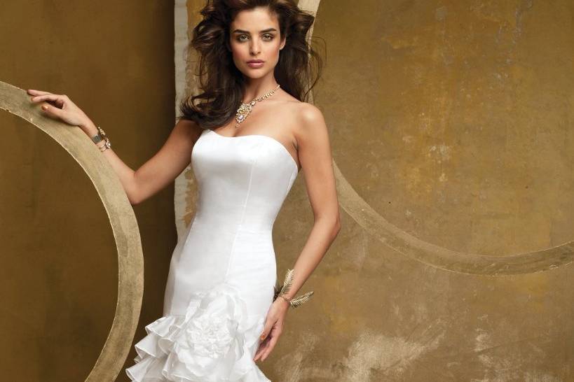 4101WStrapless satin mermaid wedding dress with organza tiers and button back.