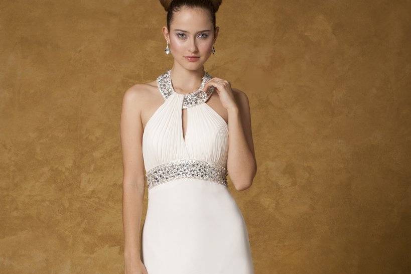 5086WChiffon wedding dress with jeweled collar, beaded empire waist with a keyhole front, and a drape cut out back.