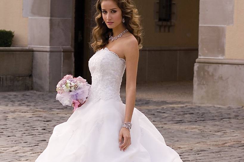 9074WStrapless organza gathered wedding dress with beaded lace corset top.