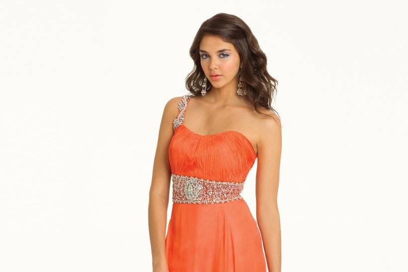 22730-7125Chiffon beaded illusion waist with tie back.