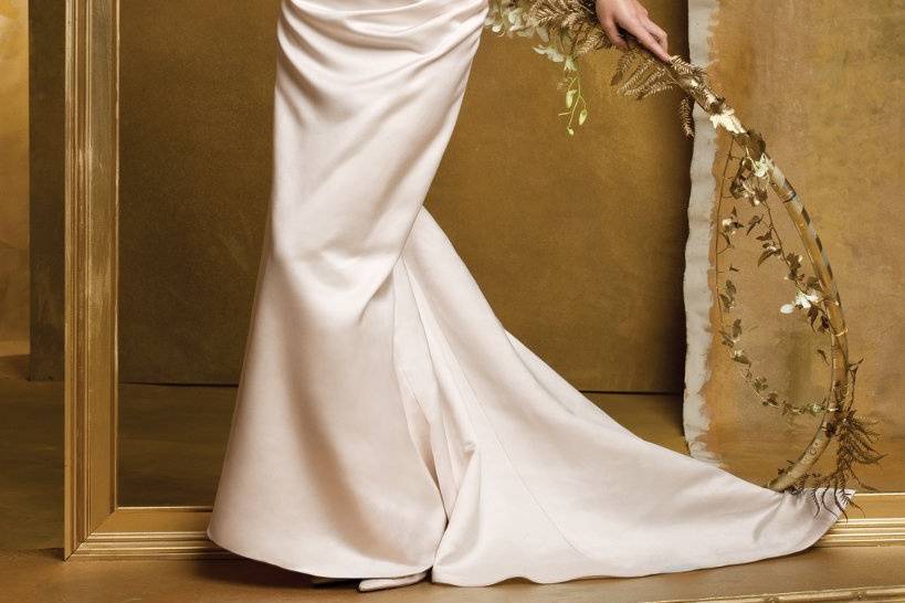 9148WSoft satin shirred wedding dress with shoulder straps, button back, and a sweep train.