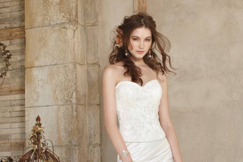 41770-8207WStrapless 2-piece lace corset wedding dress with pleated satin skirt.