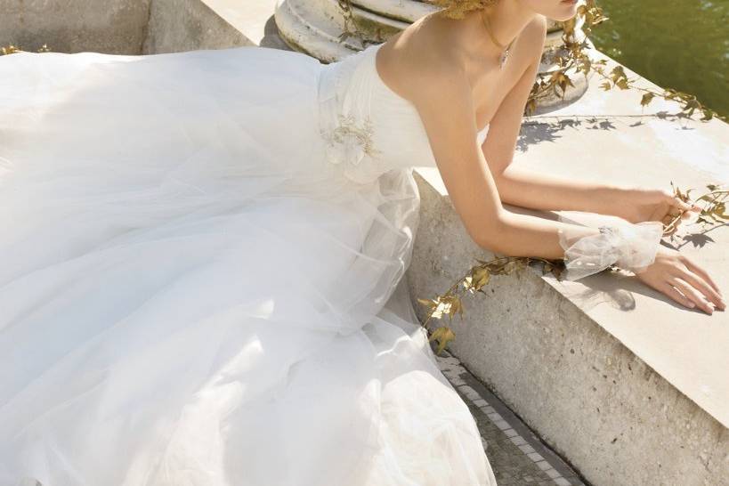 6035WTulle wedding dress with beaded flower waist.