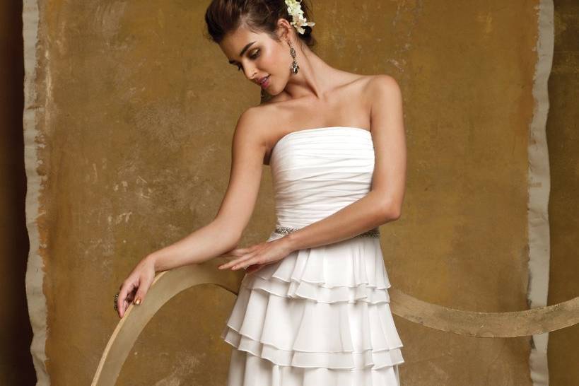 4049WShort chiffon tiered wedding dress with a shirred bodice and beaded waist.