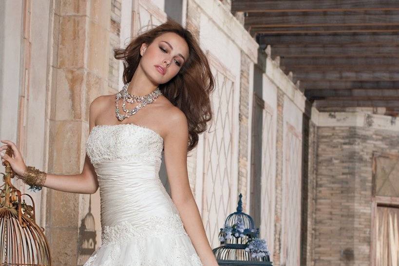 41790-8232WBeaded lace and organza tiered wedding dress with shirred bodice.