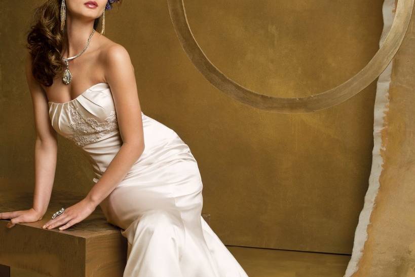 3080WSatin mermaid wedding dress with beaded lace empire and hemline, button back and sweep train.
