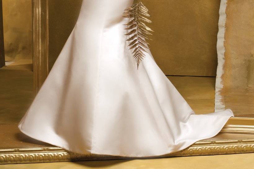 3076WStrapless satin mermaid wedding dress with contrasting beaded sash.