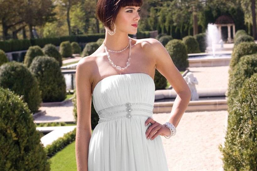 2125WStrapless chiffon wedding dress with A-line skirt and triple beaded rows on empire waist.
