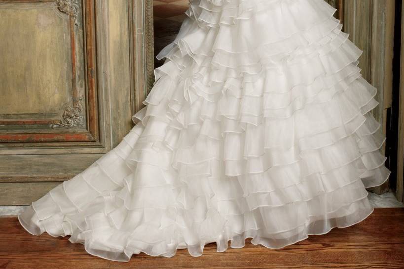 41790-8410WTextured organza tiered wedding dress with sweetheart neckline and shirred bodice.