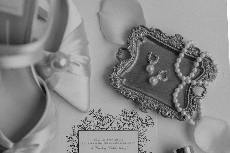 Black and white flat lay