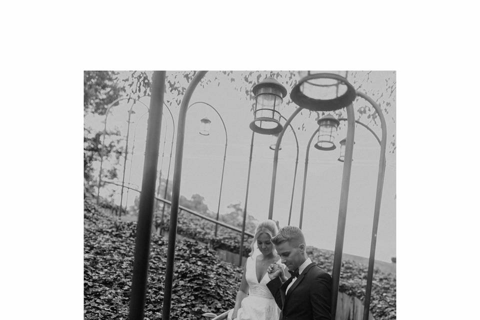 Walking bride and groom