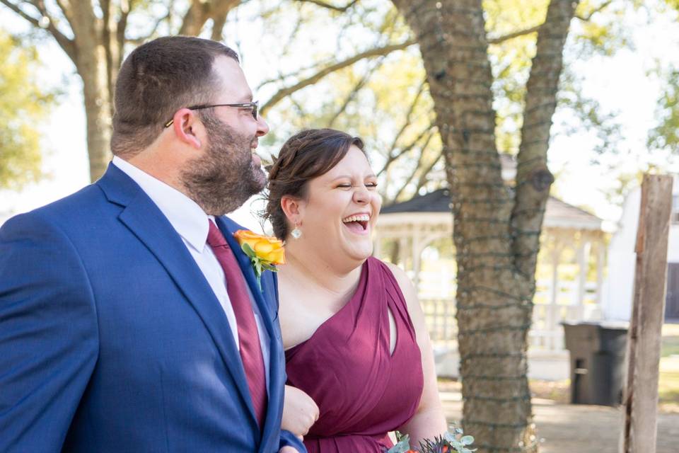 Walking down the aisle in purple and blue