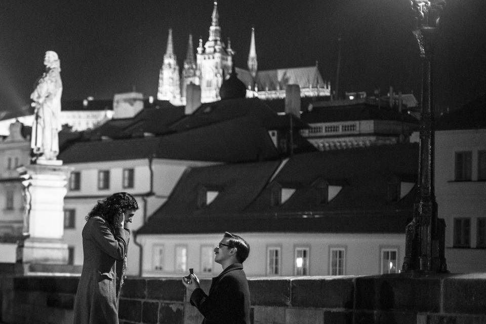 This is me proposing to my fiancé on the Charles Bridge in Prague. I set up my camera on a tripod and told her that we were going to take some photographs of ourselves. Shortly after, I got down on one knee and captured her surprise.