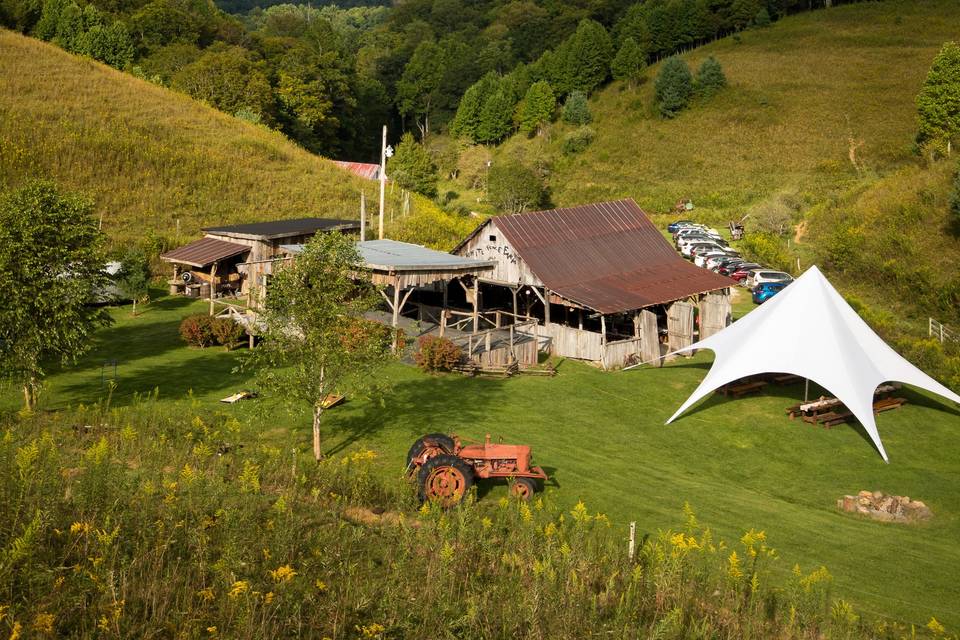 View of barn and tent.