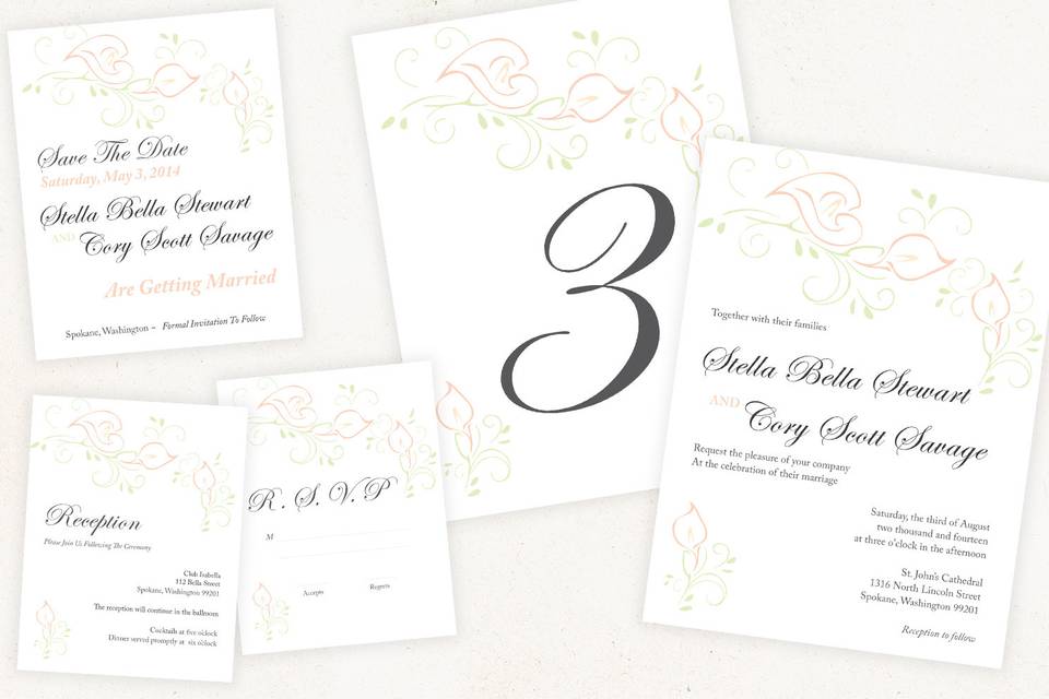 Calla Lilly Wedding Invitation Suite | Invitation | Save the Date | Reception Card | RSVP Card | Table Number