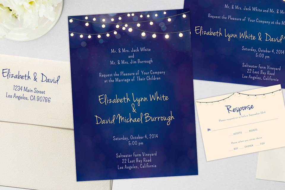 Twinkle Lights, String Lights Wedding Invitation and Response Card