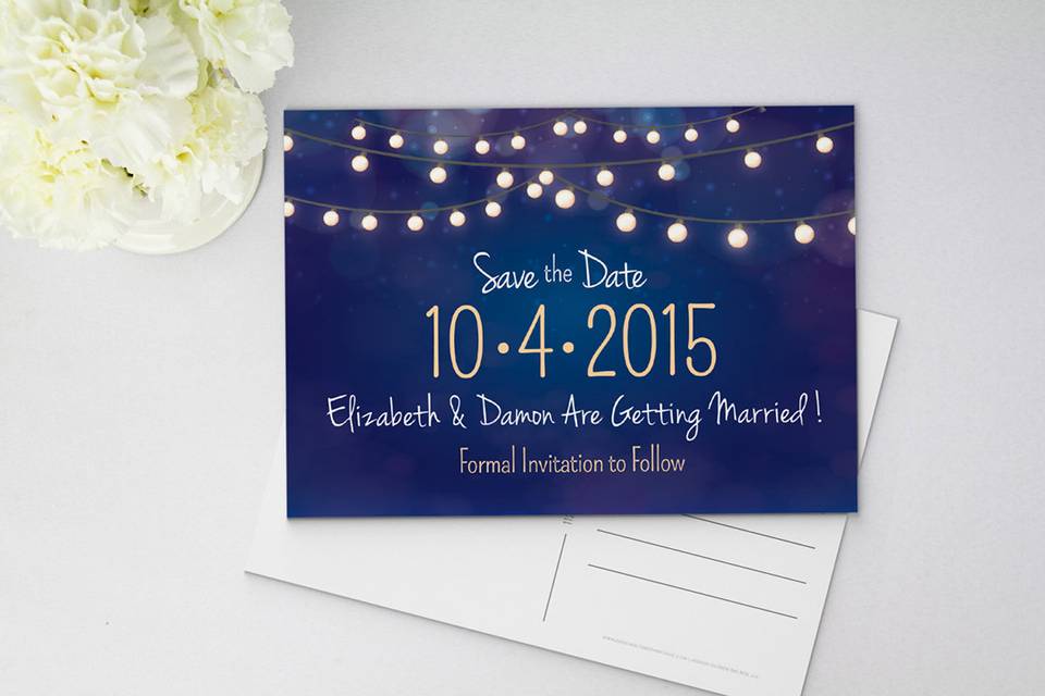Twinkle Lights, String Lights Wedding Save The Date | Personalized Printed Postcard | Flat Card | Magnet