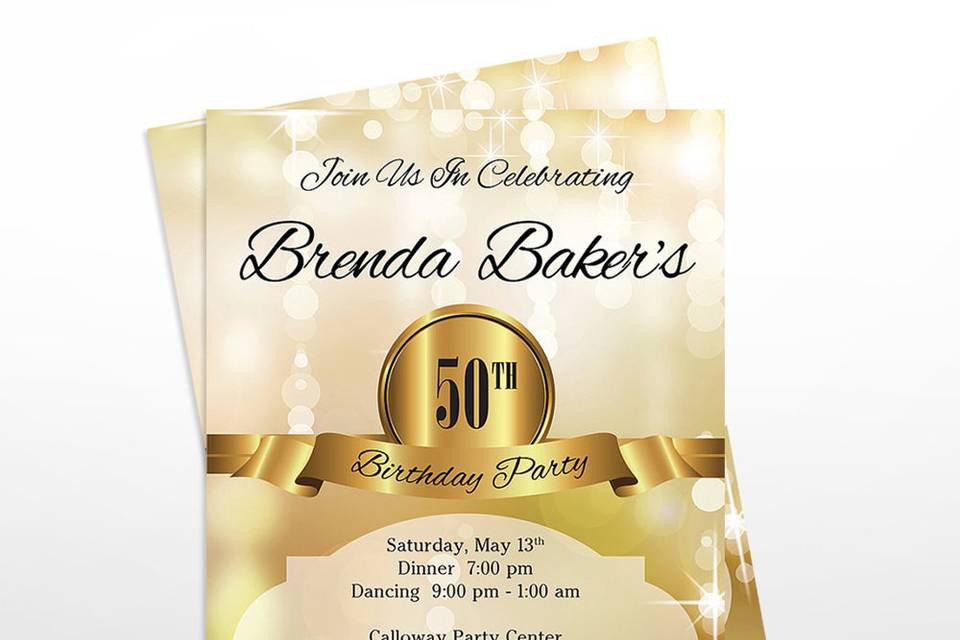 Gold Birthday, Anniversary Invitation