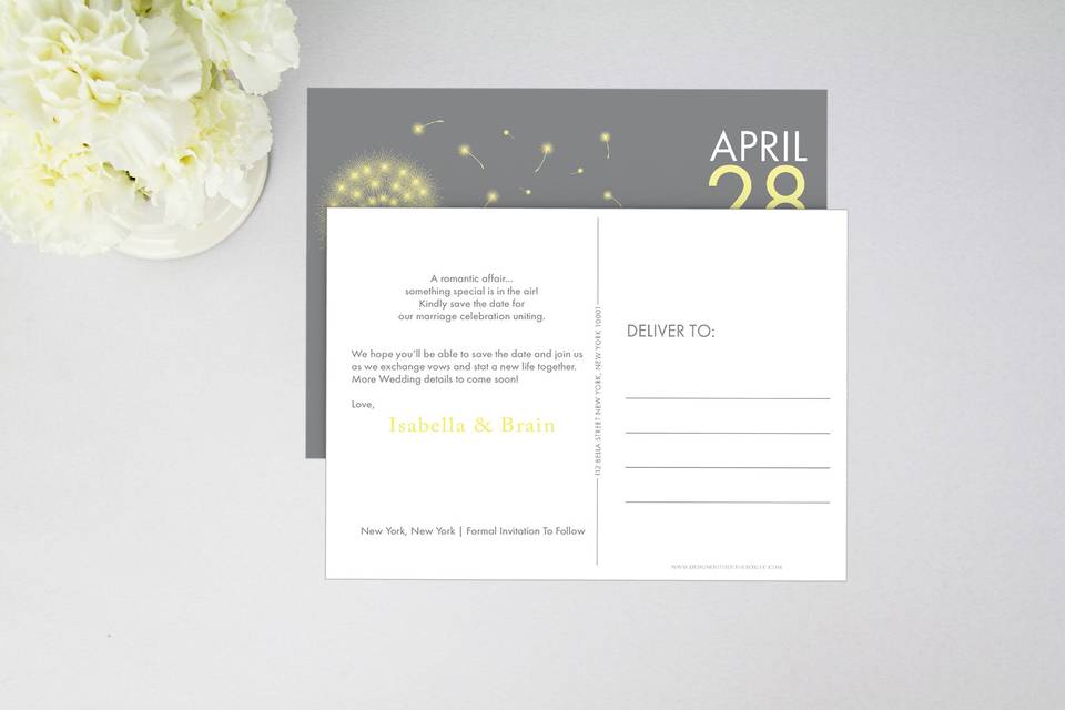 Save the Date postcard. Perfect for spring or summer wedding. Printed with personal message or can be left blank for handwritten personal message.