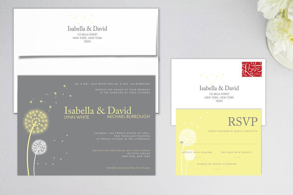 Dandelion wedding invitation suite, with printed matching guest addressed envelopes.
