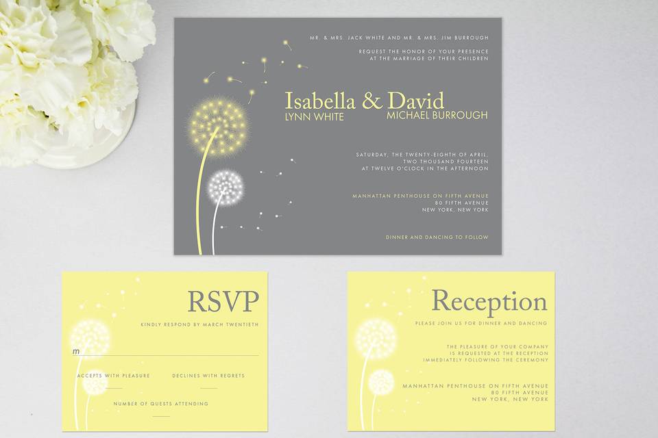 Dandelion wedding invitation suite, with printed matching guest addressed envelopes.