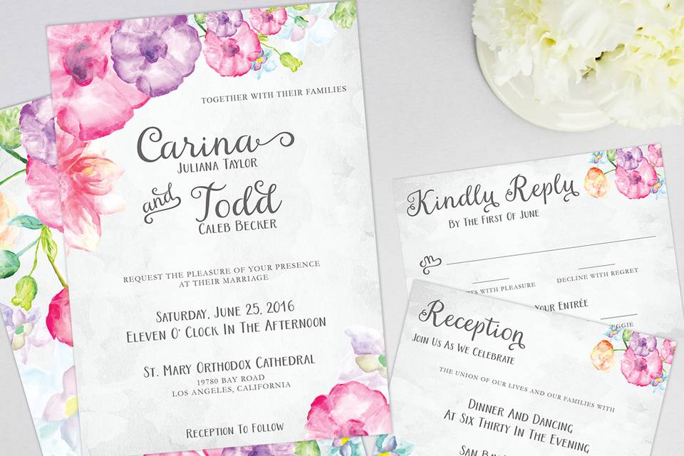 Modern Floral Watercolor Garden Wedding Invitation and RSVP, Response Card