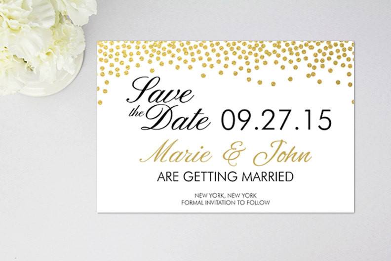 Gold Confetti Dots Elegant Save The Date | Personalized Printed Postcard | Flat Card | Magnet