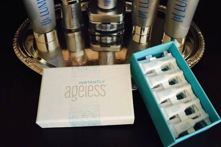 Instantly Ageless, Luminesce serum, face wash, moisturizer, night cream, body moisturizer.  Ask how to buy wholesale!