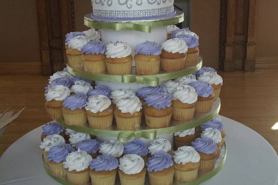 Cupcake wedding cake display on custom stand