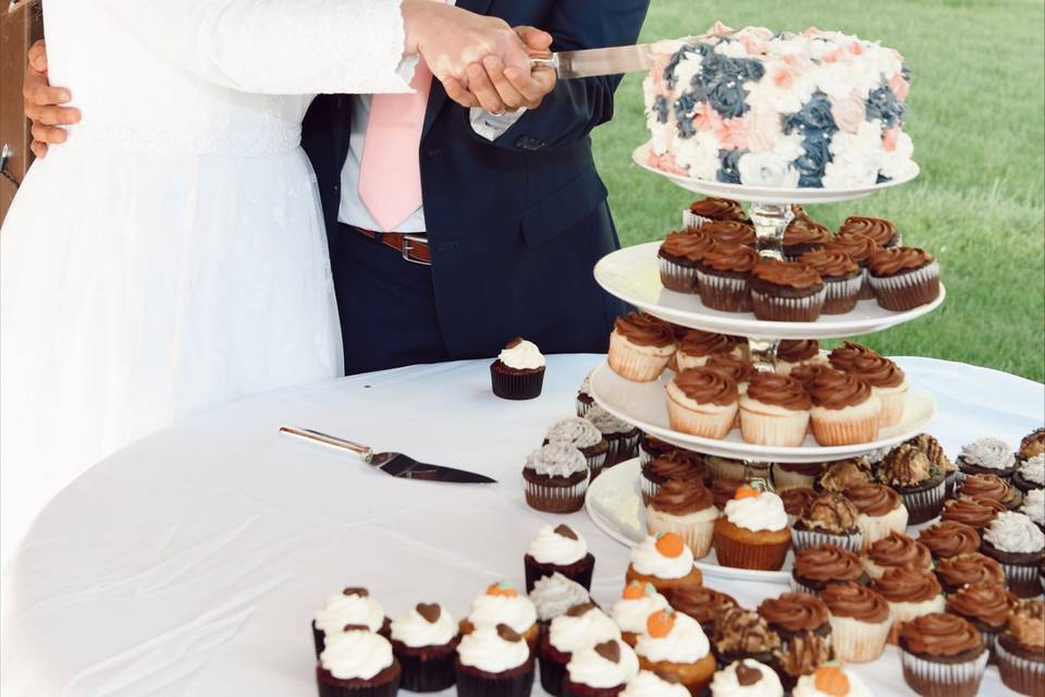 Couple cutting cake