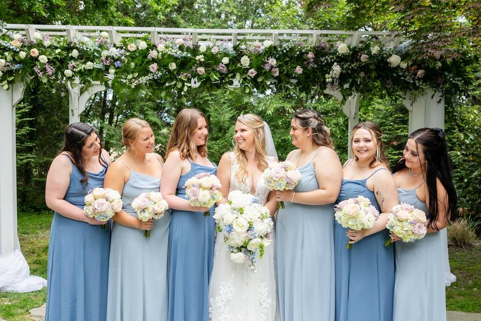 Blue and white bouquets
