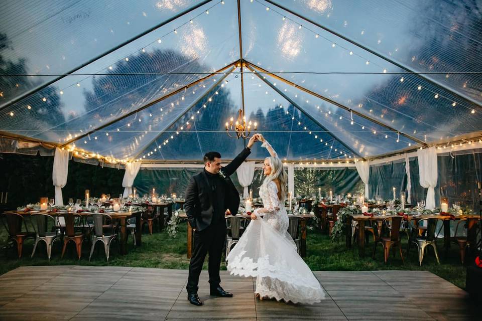 Clear tent with bistro lights