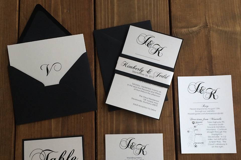Black and white wedding invitation suite