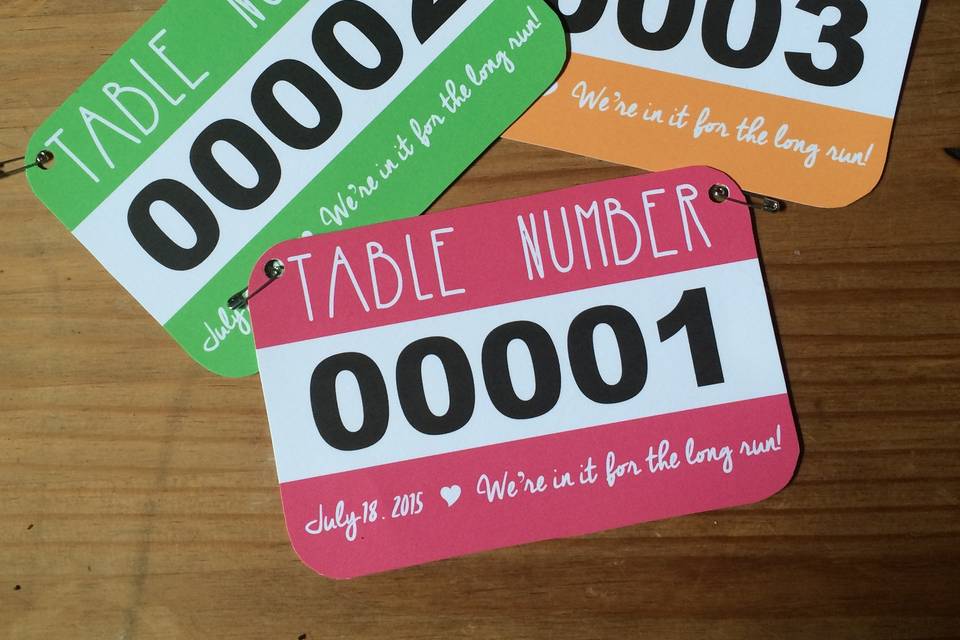 Marathon/running themed wedding table numbers