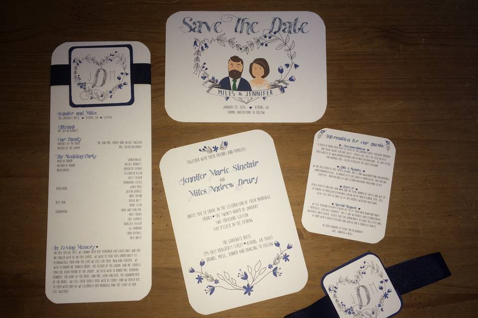 Custom wedding invitation suite with a custom digital sketch of the bride & groom.