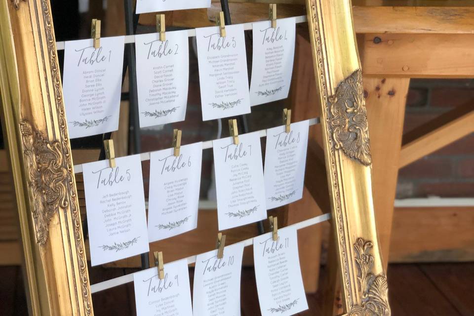 Gold framed seating chart