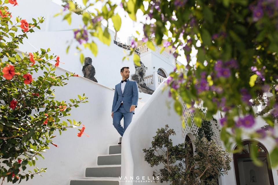 Groom walking down the stairs