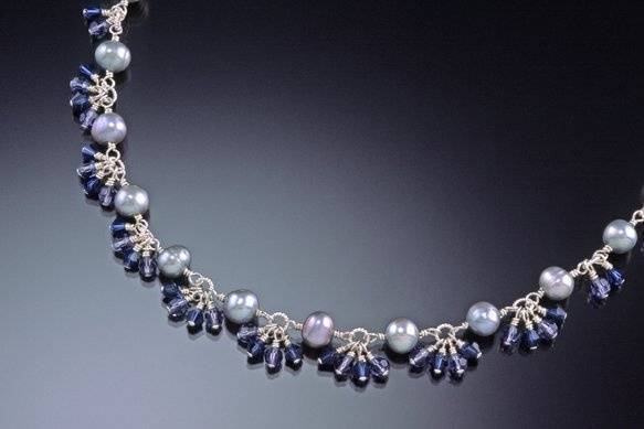 Delicate blue pearls, with tiny Swarovski crystals in shades of blue and tanzanite.