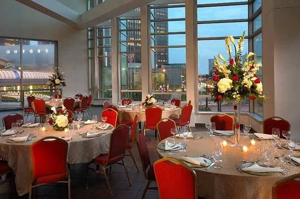 The Atrium is a unique location for events, featuring multi-story windows overlooking the GM Renaissance Center and downtown.