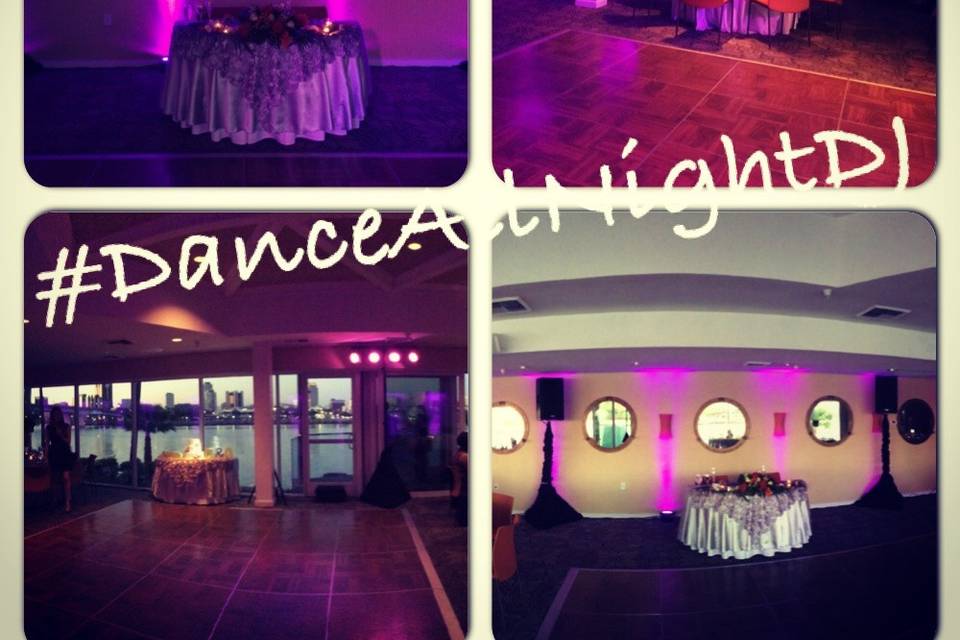 Hotel Maya A Double Tree by Hilton - Long Beach, CA* Uplighting (Purple)* Skirted Speaker Poles (Black)* Cake Pinspot* Projector And Screen (Draped In Black Linen* DJ & Lighting Services