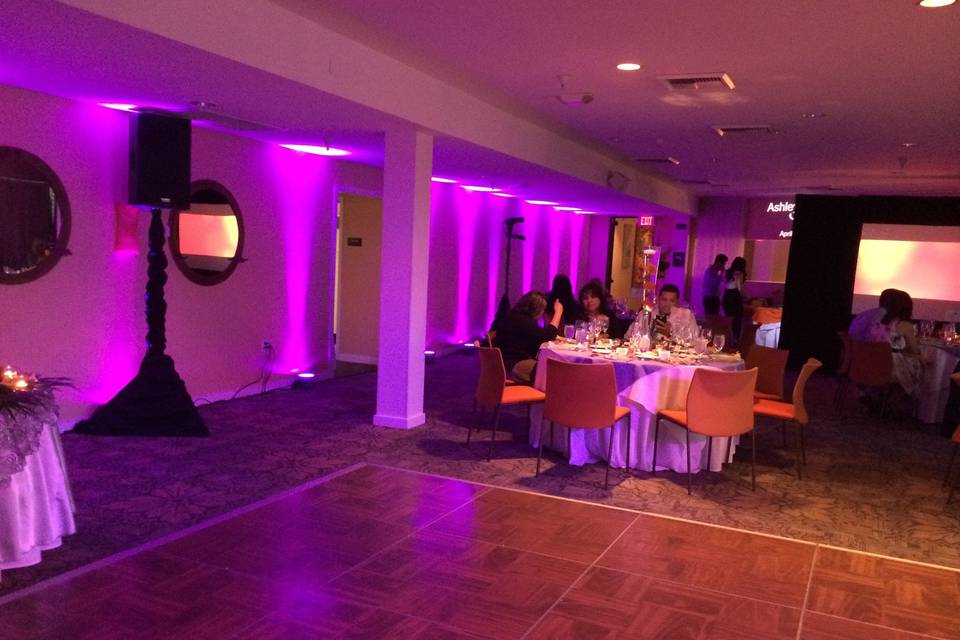Hotel Maya A Double Tree by Hilton - Long Beach, CA* Uplighting (Purple)* Skirted Speaker Poles (Black)* Projector And Screen (Draped In Black Linen* DJ & Lighting Services